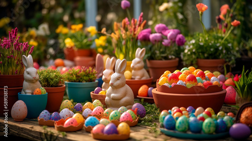 Vibrant Easter scene featuring a collection of ceramic bunnies, colorful eggs, and blooming spring flowers arranged in a garden.