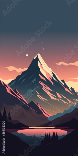 Minimalistic flat design mountain peak landscape illustration. Generative AI © JoelMasson