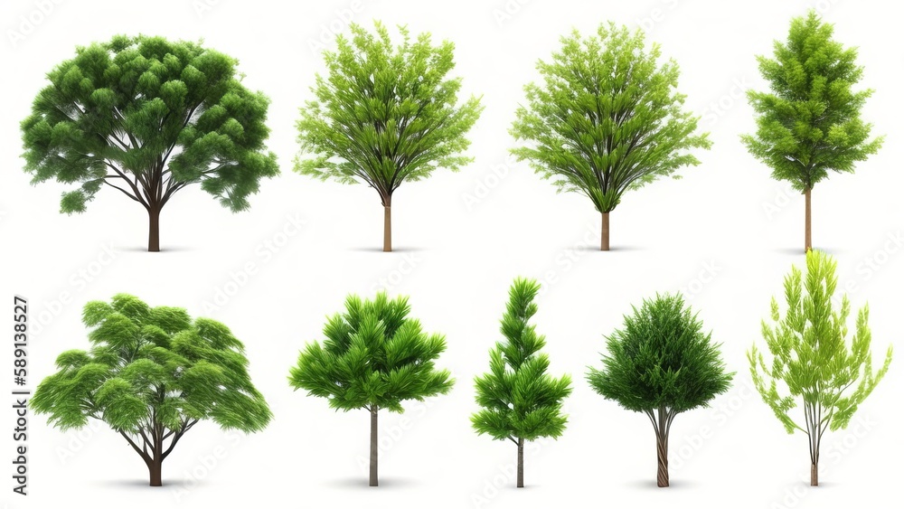 Obraz premium Assortment of lovely 3D trees isolated on a white background for use in decorating gardens or in architectural visualisation. Generative AI.