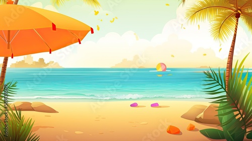 Colorful summer wallpaper. The beach with tropical leaves. Generative AI