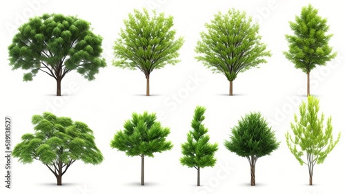 Assortment of lovely 3D trees isolated on a white background for use in decorating gardens or in architectural visualisation. Generative AI.