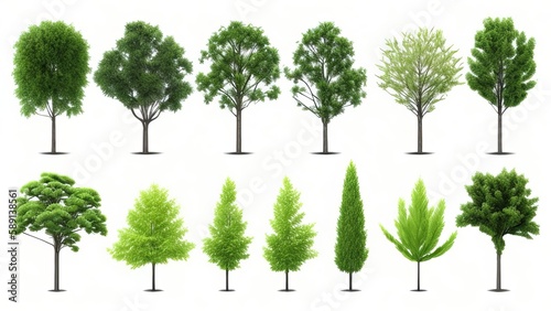 Assortment of lovely 3D trees isolated on a white background for use in decorating gardens or in architectural visualisation. 