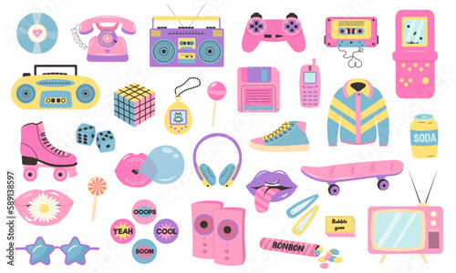 Retro 80s 90s clipart set. Pink pastel colors y2k glamour fashion patch, badge, emblem, stickers.