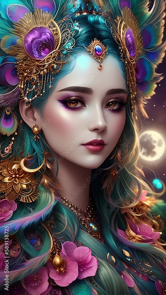 Portrait of a fantasy peacock woman. (Created with Generative AI technology) Portrait of a fantasy peacock woman. (Created with Generative AI technology)