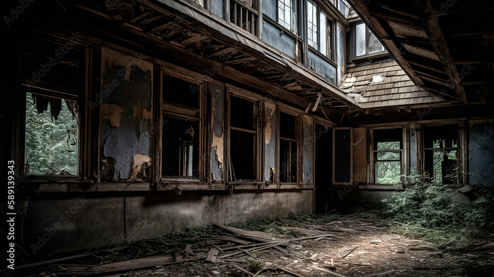 An intriguing and mysterious photo of an abandoned building, with peeling paint, broken windows, and a haunting atmosphere. An intriguing and mysterious photo of an abandoned building, with peeling paint, broken windows, and a haunting atmosphere.