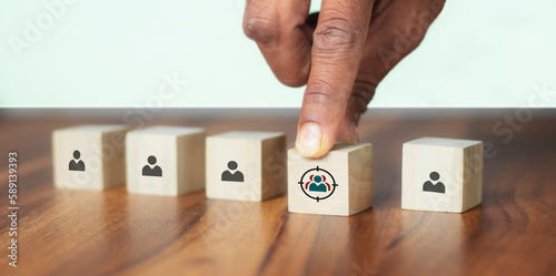 Target customer, buyer persona, marketing segmentation, job recruitment concept. Personalization marketing, customer centric strategies. Putting wooden cubes with focused on