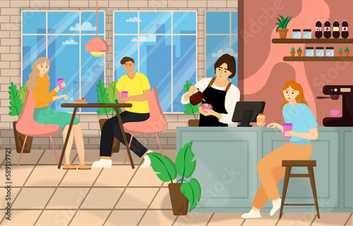 A barista makes coffee in a coffee shop. Coffee to go. Guests sit and drink coffee in a restaurant or coffee shop. Flat style illustration for website