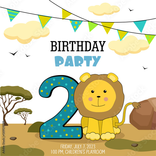Birthday invitation with a little lion cub. Two years.