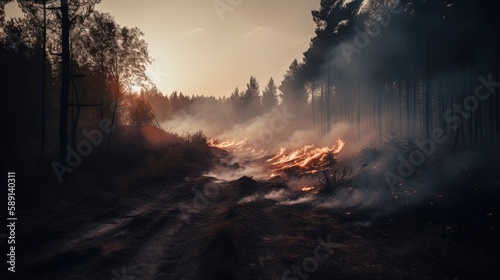 Forest fire in the forest. The concept of disaster and ecology,Burning dry grass and trees in the forest.Generative Ai