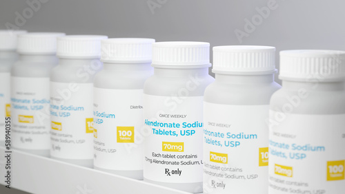 Alendronate Sodium Bottles on pharmacy shelf. Bone disease osteoporosis treatment drug. 3d illustration. photo