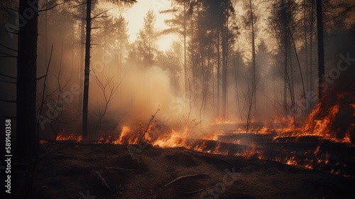 Forest fire in the forest. The concept of disaster and ecology,Burning dry grass and trees in the forest.Generative Ai