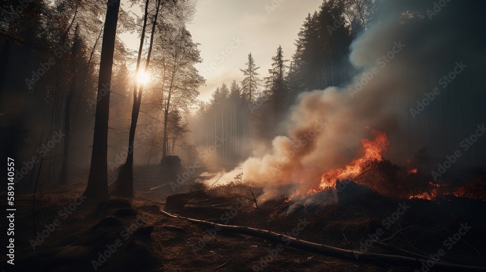 Forest fire in the forest. The concept of disaster and ecology,Burning dry grass and trees in the forest.Generative Ai Forest fire in the forest. The concept of disaster and ecology,Burning dry grass and trees in the forest.Generative Ai