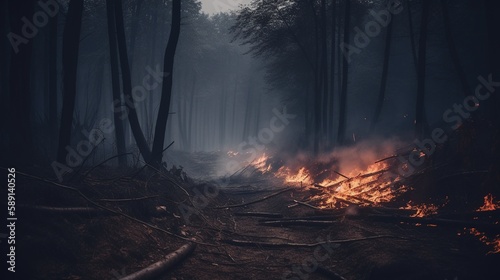 Forest fire in the forest. The concept of disaster and ecology,Burning dry grass and trees in the forest.Generative Ai