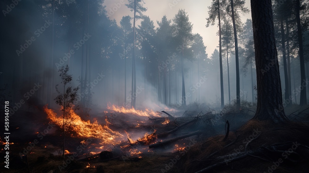 Forest fire in the forest. The concept of disaster and ecology,Burning dry grass and trees in the forest.Generative Ai Forest fire in the forest. The concept of disaster and ecology,Burning dry grass and trees in the forest.Generative Ai