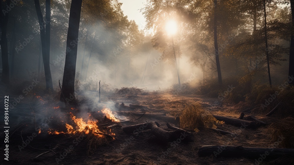Forest fire in the forest. The concept of disaster and ecology,Burning dry grass and trees in the forest.Generative Ai Forest fire in the forest. The concept of disaster and ecology,Burning dry grass and trees in the forest.Generative Ai