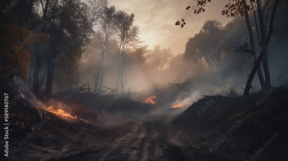 Forest fire in the forest. The concept of disaster and ecology,Burning dry grass and trees in the forest.Generative Ai Forest fire in the forest. The concept of disaster and ecology,Burning dry grass and trees in the forest.Generative Ai