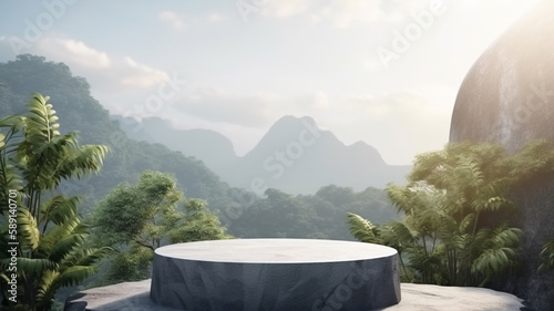 Rock podium in tropical forest for product presentation and advertisement.