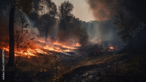 Forest fire in the forest. The concept of disaster and ecology,Burning dry grass and trees in the forest.Generative Ai © Rudsaphon