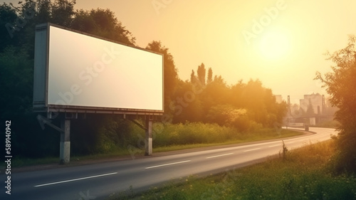 Large white blank billboard at the side of the road for product advertisement or business marketing. Mock-up display.