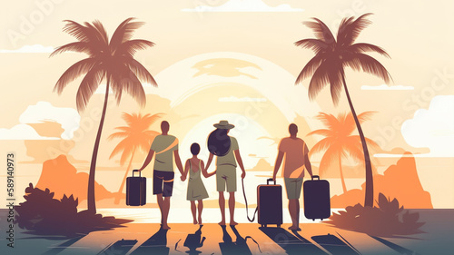 Illustration of a family going on a holiday trip. Concept of travel and tourism promotion and advertisement.
