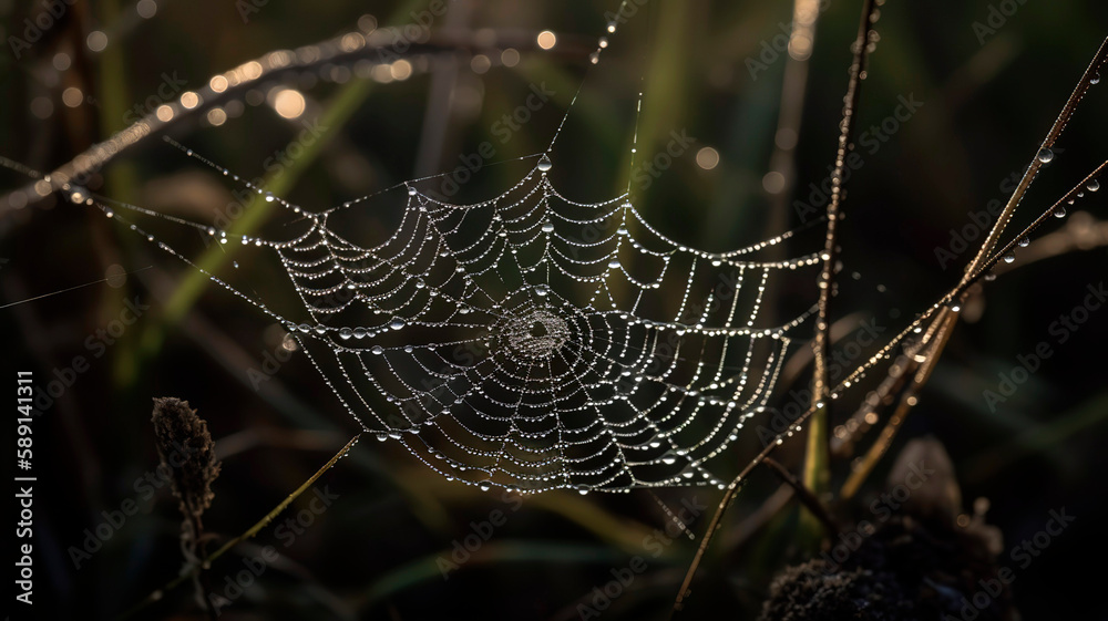 Intricate spider web glistening with dewdrops in the morning light, showcasing the beauty and complexity of nature.