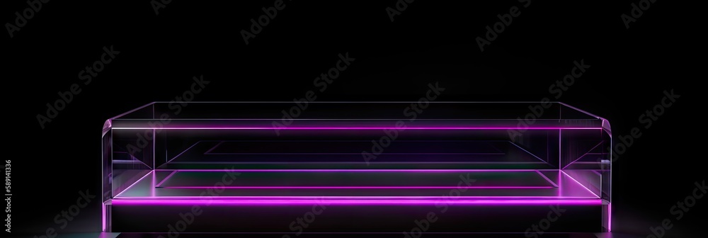 A neon podium on a black background. Podium for promotion brand. Empty stage for product presentation or fashion show performance, pedestal in nightclub dance floor glowing in darkness. Generate AI
