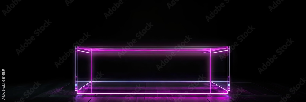 A neon podium on a black background. Podium for promotion brand. Empty stage for product presentation or fashion show performance, pedestal in nightclub dance floor glowing in darkness. Generate AI A neon podium on a black background. Podium for promotion brand. Empty stage for product presentation or fashion show performance, pedestal in nightclub dance floor glowing in darkness. Generate AI