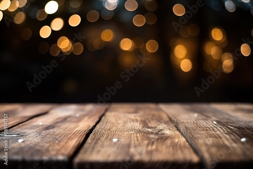 Empty wooden table with garden bokeh