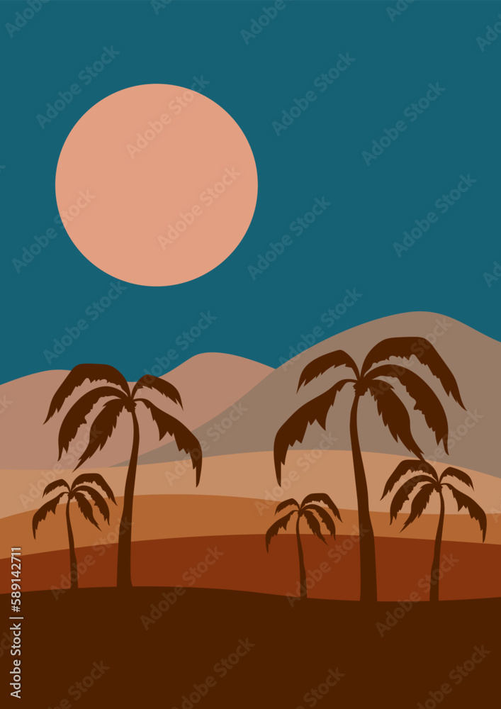 Desert oasis in midnight minimalistic printable illustration. Dunes and palm