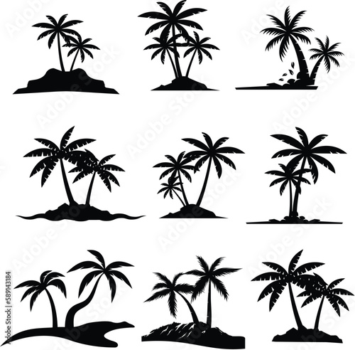 Black palm trees set isolated on white background. Palm silhouettes. Design of palm trees for posters  banners and promotional items. Vector illustration stock illustration