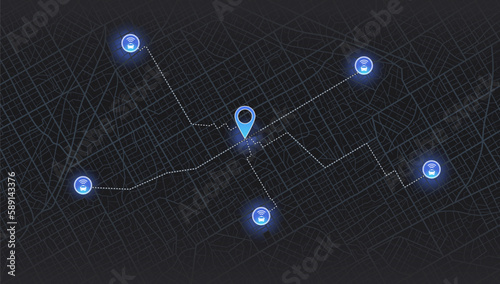 Gps map navigation to own house with smartphone app. Location mark and automobile sign. Passenger location sharing for driver. Isolated connected vehicle remote data monitoring. Autonomous online car.