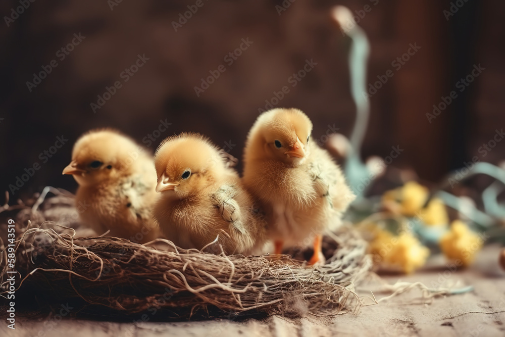 Little cute baby chicks in a bucket, playing at home, yellow newborn baby chicks Little cute baby chicks in a bucket, playing at home, yellow newborn baby chicks