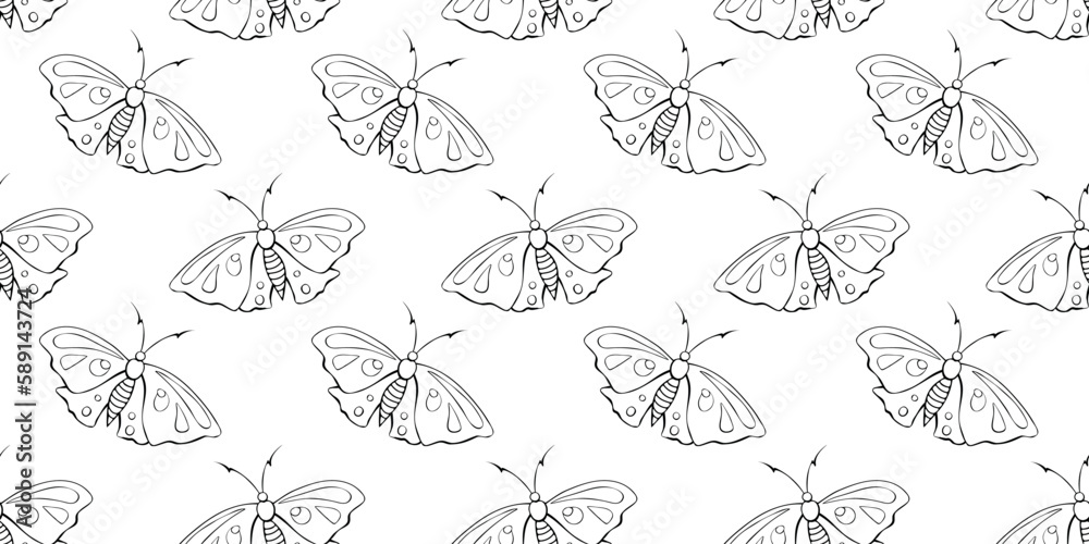 Vector seamless pattern of black outline cute butterflies in doodle style. Cute cartoon beautiful insects. Background and texture on theme of nature, spring, summer, children print, isolated