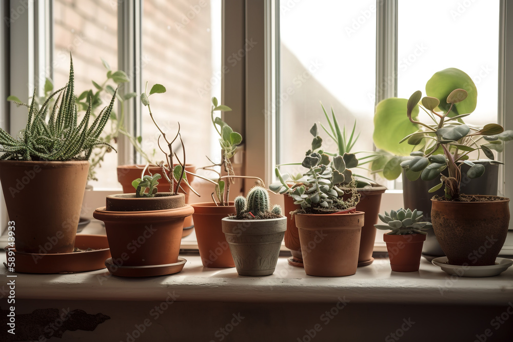 Stylish composition of home gardenlants, cacti, succulents, air plant in different design pots.