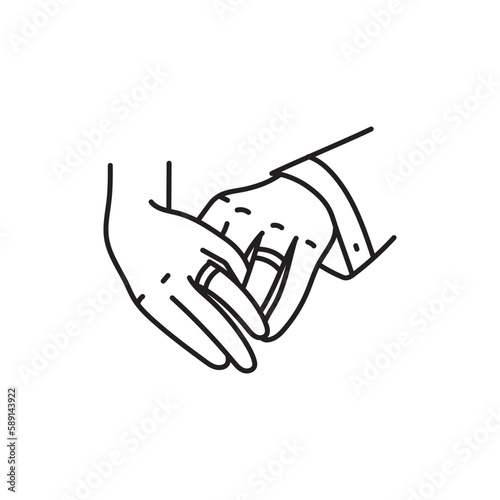 Couple's hands with wedding rings black line icon.