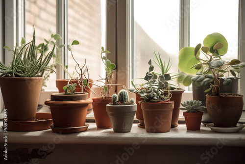Stylish composition of home gardenlants  cacti  succulents  air plant in different design pots.