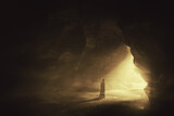 mysterious silhouette at a cave entrance, fantasy landscape