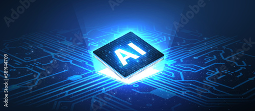 AI technology. Chip with AI latters and circuit board. Artificial intelligence