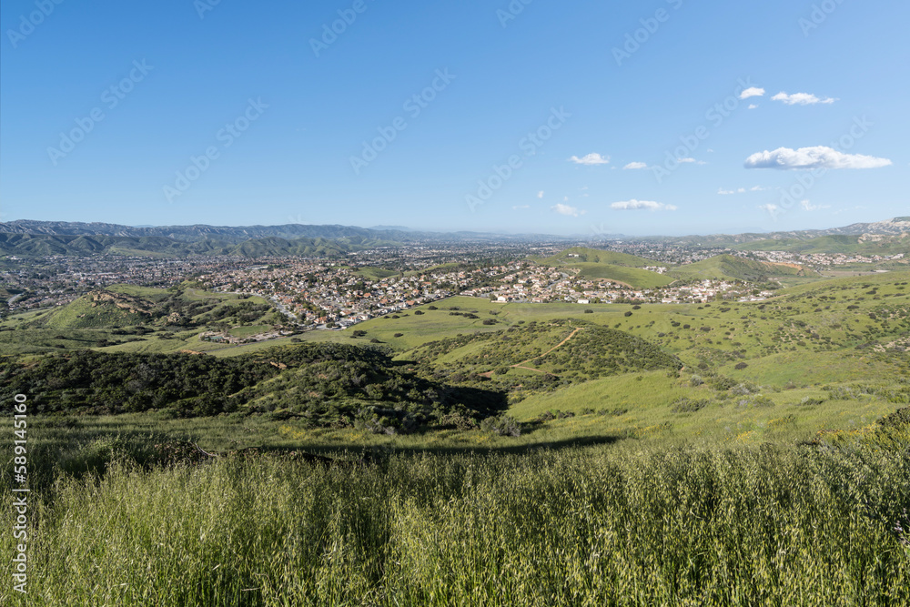 Obraz premium Spring grass hills, meadows and suburban housing in Simi Valley near Los Angeles in Ventura County California. 