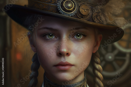 Generative AI illustration of confident young female in vintage headgear and retro jacket of steampunk style looking at camera pensively against brown background photo