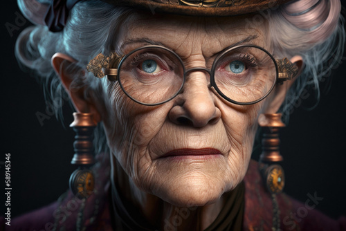 Generative AI illustration of calm elderly female with blue eyes and gray hair wearing eyeglasses and retro earrings against black background