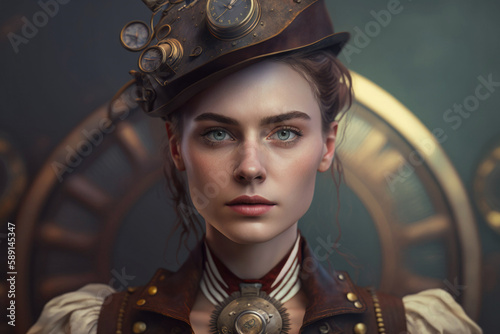 Generative AI illustration of serious young female wearing steampunk style outfit and vintage headdress looking at camera against blurred background photo
