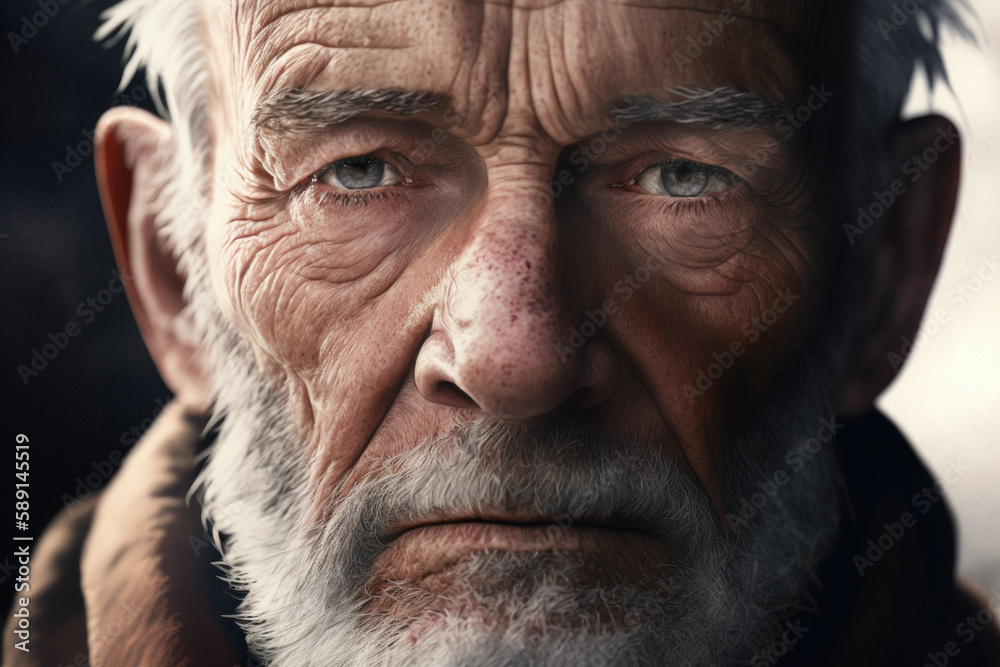 Generative AI image of portrait of gray haired senior male with moustache wrinkles and blue eyes looking at camera against blurred background in side light Generative AI image of portrait of gray haired senior male with moustache wrinkles and blue eyes looking at camera against blurred background in side light