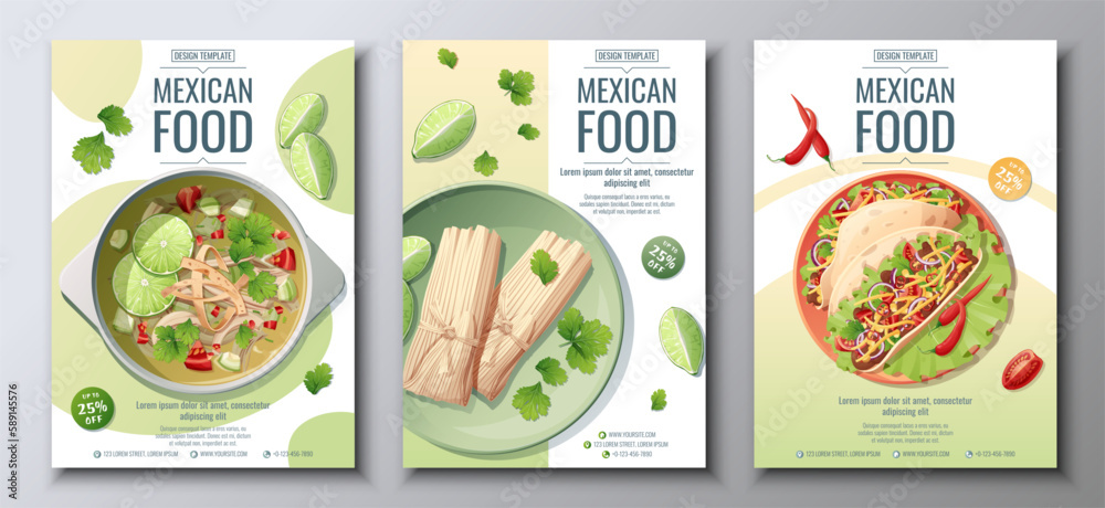Mexican food flyer set on a green background. Tamales, tacos, lime soup. Banner, menu, poster, advertisement of traditional Mexican food
