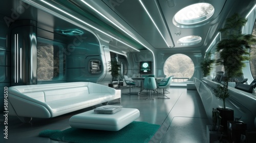 Shiny Sage Green and Turquoise Interior with Award-Winning Design 8K HD: A Bionic White Space with High-Tech Healthcare Equipment and Furniture, Generative AI