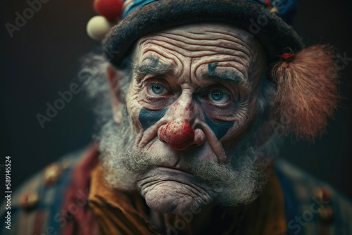 Generative AI closeup image of pensive crop senior wrinkled male clown with makeup and attire looking away with sad eyes in light against dark background