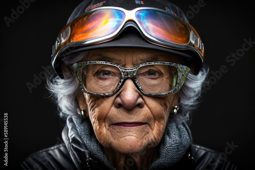 Generative AI image of aged gray haired female racer with wrinkles wearing helmet and protective glasses while smiling and looking at camera against blurred background photo