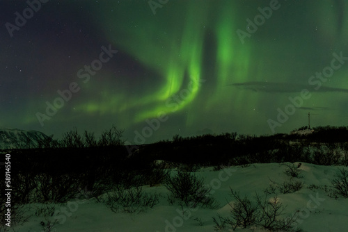 imagen de un paisaje nocturno nevado con una aurora boreal en el cielo