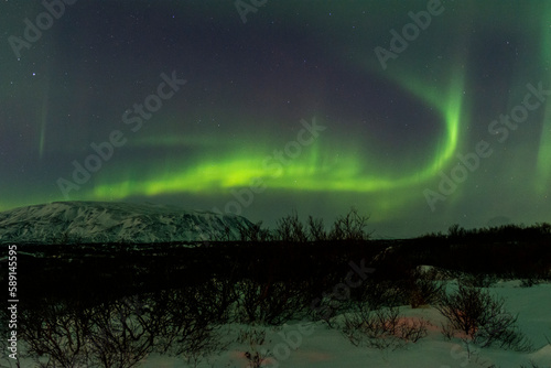 imagen de un paisaje nocturno nevado con una aurora boreal en el cielo de Islandia