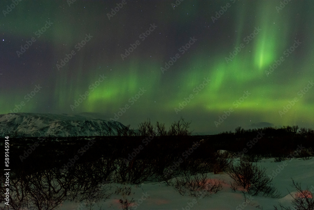 imagen nocturna de un paisaje nevado con una aurora boreal en el cielo nocturno de Islandia